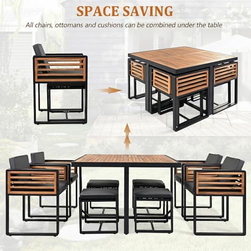 Merax 18-Piece Patio Dining Set for 16 People, Acacia Wood Outdoor Furniture Sets with 2 Square Tables, 8 Cushioned Chairs and 8 Ottomans for Backyard, Garden, Lawn, Poolside, Space Saving Design,Gray