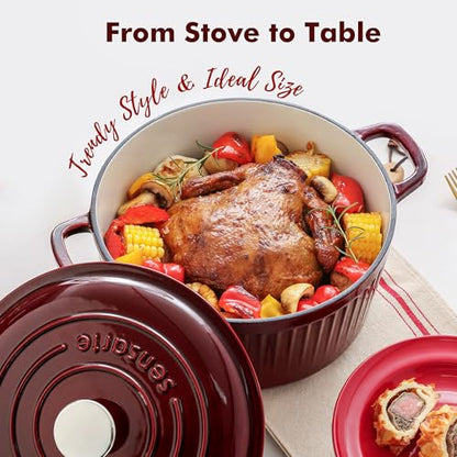 SENSARTE Enameled Cast Iron Dutch Oven Pot with Lid 3.5/5.5/6.5 Quart Heavy-Duty Round Dual Handles Kitchen Pot with Cotton Potholders & Silicone Trivet, Pot for Bread Baking, Stews, Braising, Roasting, Oven Safe, 6.5 Quart, Red