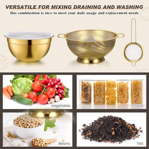 Baderke 6 Pcs Gold Kitchen Accessories Set Includes 3 Gold Mixing Bowls with Airtight Lids Stainless Steel Colander Grater Slicer and Fine Mesh Strainer(Mixing Bowls: 2.8/3.7/5 Qt, Colander: 4 Qt)