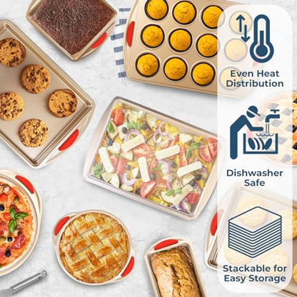 Perlli 10 Piece Baking Set - Nonstick Gold Steel Oven Bakeware With Silicone Handles, Cookie Sheets, Round Cake Pans, 9x13 Pan With Lid, Loaf Pan, Deep Pan, Pizza Crisper, Muffin Pan