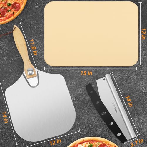 GOFOWRK Pizza Stone 5 PCS Set, 15 x 12" Large Rectangle Pizza Stone Set for Oven and Grill with Metal Pizza Peels & Cutter Rocker, 0.6'' Thickened Stone Pizza Pan, Baking Stone for Pizza, Bread