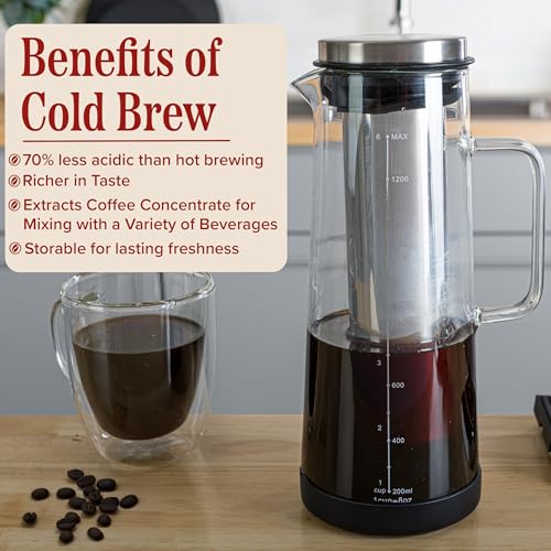 Cold Brew Coffee Maker Pitcher - 1.4L/48oz Glass Carafe with Lid and Spout and Removable Stainless Steel Filter - Cold Brew Maker and Iced Tea Pitcher for Fridge by Classic Cuisine