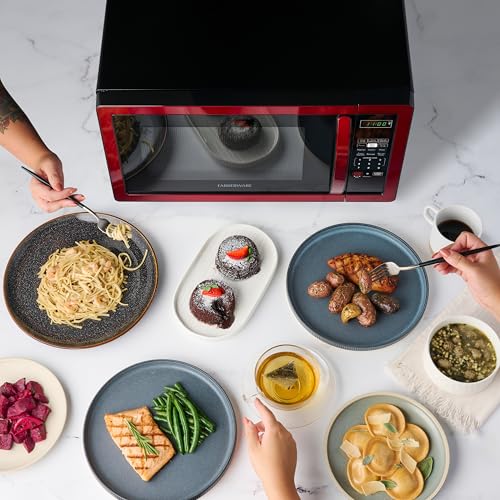 Farberware 1.1 Cu. Ft. Countertop Microwave Oven – 1000 Watts Power, Auto Cook Settings, Defrost, Easy Clean and Child Safety Lock - Metallic Red