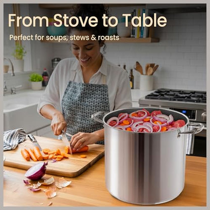 Stainless Steel Stockpot with Tempered Glass Lid 20 Quart, Durable 18/0 Stainless Steel, Impact-Bonded Base for Even Heating, Riveted Handles, Oven & All Stove Compatible, Safe Up To 500°F (260°C)
