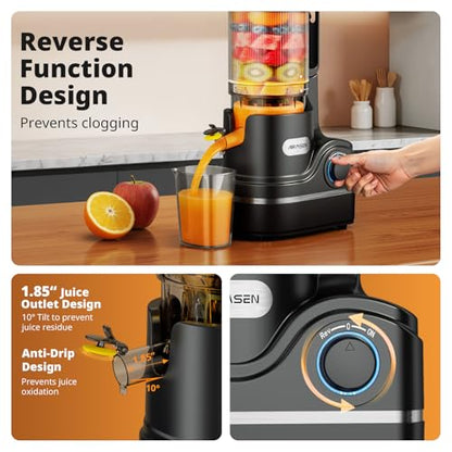 AIRMSEN Juicer Machines, 5.8" Feed Chute Cold Press Juicer for Whole Fruit and Vegetable, 2.2 qt Auto-Feed Time-Saver, 7+1-Stage New Upgraded Auger Slow Masticating High Yield, Easy to Clean Black