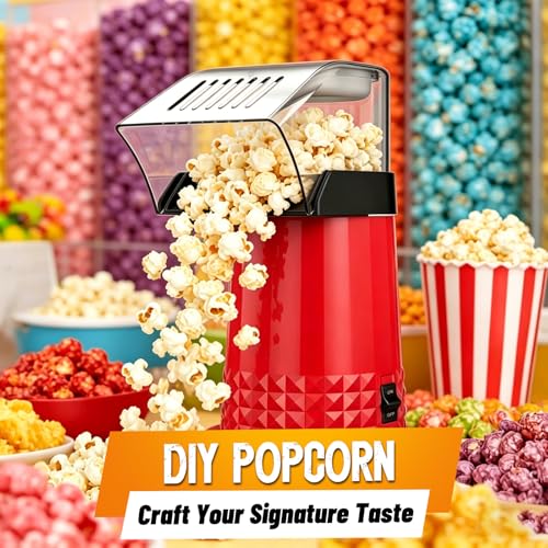 Hot Air Popcorn Popper, 1200W ETL Certified Oil-Free Popcorn Maker, 4.5 Quart Large Capacity Electric Popcorn Machine, 2-Minute Fast Snack Maker for Movie Night Party (Red)