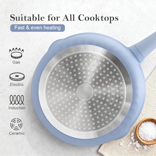 AIKENBBKK Ceramic Frying Pan Skillet with Lid, 12 inch Nonstick Deep Frying Pan for Cooking, 5 QT Large Saute Pan with Detachable Handle, Induction Ready, PTFE & PFAS-Free, Oven Safe, Blue