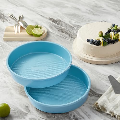 HONGBAKE Nonstick Ceramic 9 Inch Round Cake Pan Set of 2, Heavy-Duty Aluminized Steel round cake pans with Diamond Texture, Non-Toxic Cake Molds, Cake Pans Sets for Baking Cheesecake, Blue