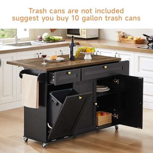 60" Kitchen Island with Power Outlet & Drop Leaf, Kitchen Rolling Island with Spice Rack & Towel Rack, Knife Holder, Kitchen Island Cart with Trash Storage Cabinet, Mobile Island Table for Kitchen