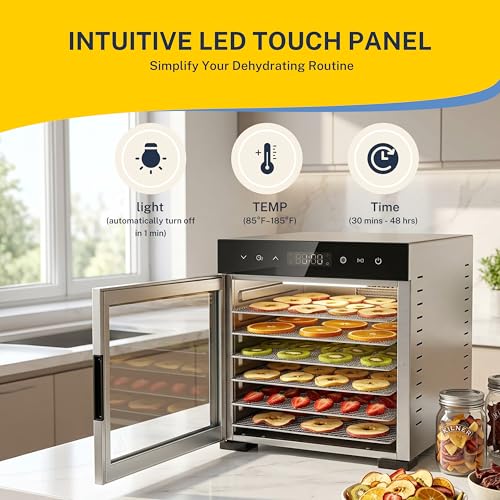 Simple Deluxe Food Dehydrator, Fruit Dryer Machine with 8 Stainless Steel Trays, 500W Powerful Motor, 185°F Adjustable Temperature & 48-Hour Timer for Jerky, Fruits, Herbs, Dog Treats, Silver