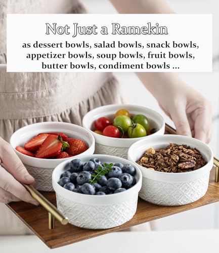 12 oz Ramekins with Lids Oven Safe, Creme Brulee Ramekins with Covers, Ceramic Small Baking Dishes Set of 4, Souffle Dishes Bowls Dishwasher Safe, Mothers Day Gifts for Mom