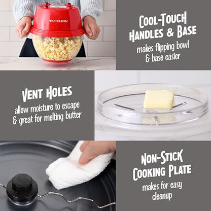 Nostalgia Electric Non-Stick Stirring Popcorn Machine with Hot Oil- Easy-To-Clean Popcorn Popper with Dual-Use Bowl & Cool-Touch Handles- Popcorn Maker for 8 Cups of Theater Style Popcorn- Red