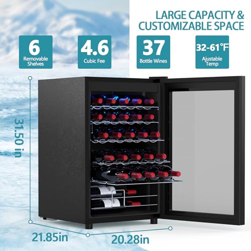 COWSAR 37 Bottle Wine Fridge, Freestanding Commercial Beverage Refrigerator with Smart Temp Control, 4.45 Cu.Ft Mini Fridge Wine Cooler with Child Lock& Wavy Wire Shelves for Kitchen Bar, Black