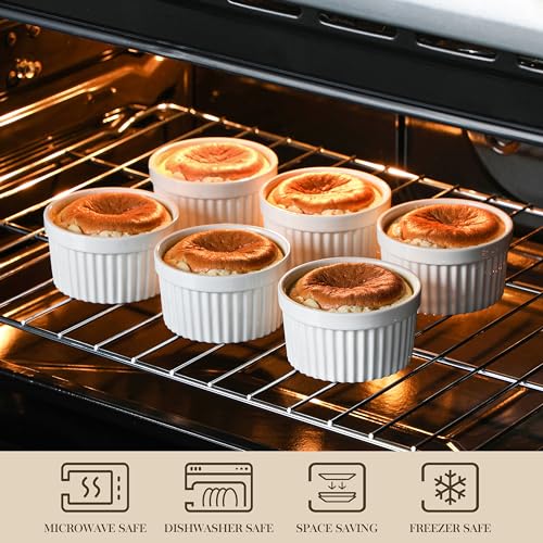 MALACASA Ramekins 8 oz Oven Safe, Porcelain Creme Brulee Ramekins Pudding Custard Cups Ceramic Souffle Dishes Ramakan Ramiken Ramicans Baking Bowls Set of 6, White, Series RAMEKIN-DISH