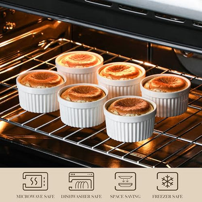 MALACASA Ramekins 8 oz Oven Safe, Porcelain Creme Brulee Ramekins Pudding Custard Cups Ceramic Souffle Dishes Ramakan Ramiken Ramicans Baking Bowls Set of 6, White, Series RAMEKIN-DISH
