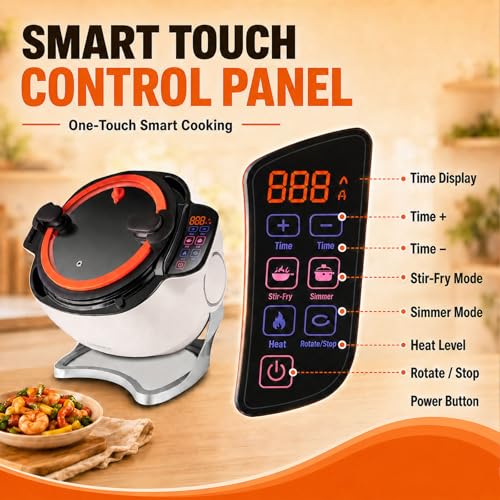 2000w Commercial Food Processor,Automatic Cooking Machine,360° Automatic Stir Fry Pot,6l Non-Stick Drum Wok,Glass Lid,Dual Handles,Auto-Stirring,For Fried Rice,Soup,Home Kitchen