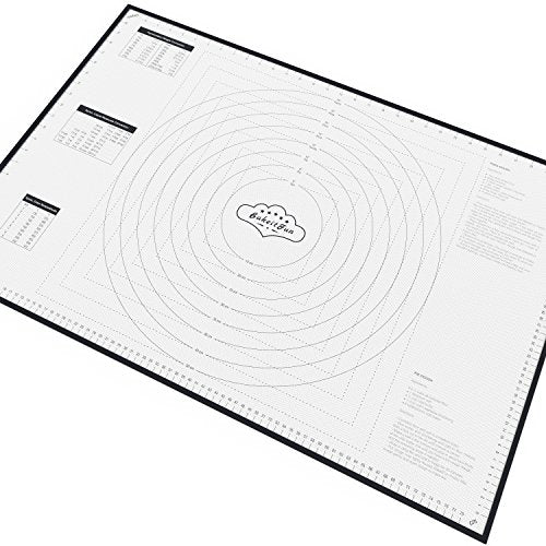 BakeitFun XX-Large Silicone Pastry Mat 33.5 x 22.5 in nonstick surface with inch and cm guides, concentric circles, conversion charts, BPA free, heat safe to 450°F, dishwasher safe