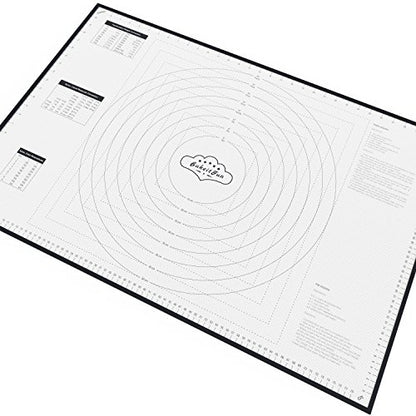 BakeitFun XX-Large Silicone Pastry Mat 33.5 x 22.5 in nonstick surface with inch and cm guides, concentric circles, conversion charts, BPA free, heat safe to 450°F, dishwasher safe