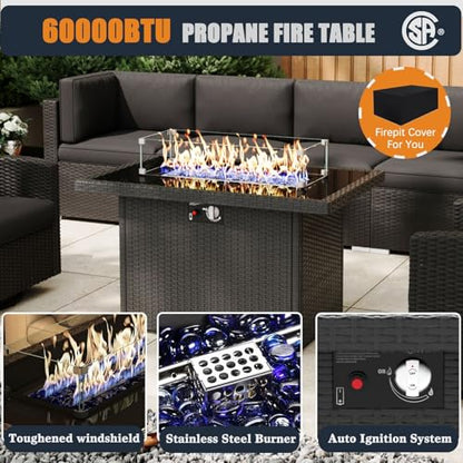 KHOLH Patio Furniture Set with Fire Pit Table, 11 Pieces Outdoor All-Weather Wicker Conversation Sectional Chair Sofa Set with 2 Swivel Chairs