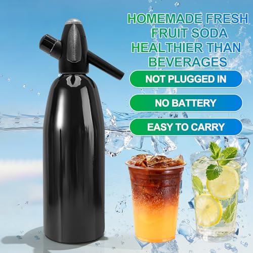 Soda Siphon, 1L Portable Seltzer Maker - Retro-Style Sparkling Water Machine for Homemade Carbonated Drinks, Juices & Cocktails, Uses 8g CO2 Cartridges (Cartridges Not Included) - Black