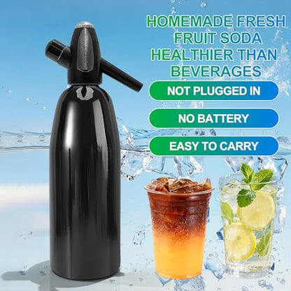 Soda Siphon, 1L Portable Seltzer Maker - Retro-Style Sparkling Water Machine for Homemade Carbonated Drinks, Juices & Cocktails, Uses 8g CO2 Cartridges (Cartridges Not Included) - Black