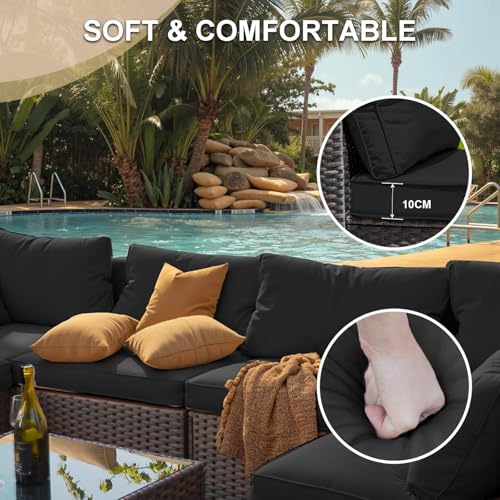gaildon 7 Piece Outdoor Patio Furniture Set with 42" Fire Pit, Wicker Furniture Sectional Conversation Sofa Set with Comfortable Cushions, Black