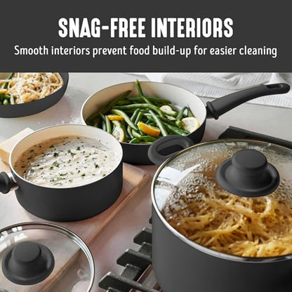 GreenLife 16 Piece Nonstick Cookware Set, Soft Grip Non-Toxic PFAS-Free Ceramic Pots & Pans, Dishwasher & Oven Safe, Frying, Sauce, Utensils, Glass Lids, Stay-Cool Handles, Wobble Free, Black & Cream