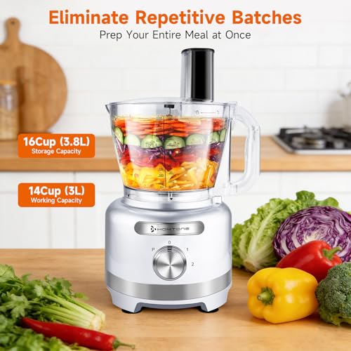 Homtone 16 Cups Food Processor, Large Food Chopper with French Fry Cutter, 9 Functions 7 Blades for Shredding, Slicing, Doughing for Home Use, 3 Speeds, 600W