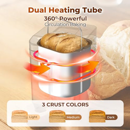 Rosewill 25-in-1 Automatic Bread Maker Machine with 3 Loaf Size up to 2 Lb, 700W High Power Dual Heater with BPA-free Nonstick Coating Pan, Max 15 Hours Delay Timer, Low Noise - Gray