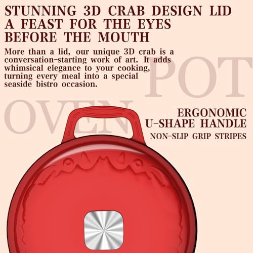 DUTZUN Enameled Cast Iron Dutch Oven - 5 Quart, Exclusive Designed Crab Lid (Patent Pending), Oversized Knob, for Bread Baking Braiser, Cooking Stock Pot - Red
