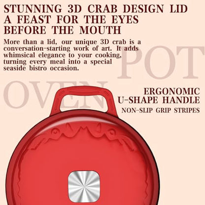 DUTZUN Enameled Cast Iron Dutch Oven - 5 Quart, Exclusive Designed Crab Lid (Patent Pending), Oversized Knob, for Bread Baking Braiser, Cooking Stock Pot - Red