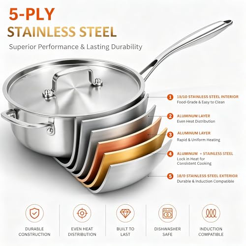 DELARLO 7QT Saute Pan Jumbo Cooker 5 Ply Stainless Steel Pan, 12Inch Deep Frying Pan with Steel cover, Kitchen Large Skillet,Heavy Duty Style Compatible With All Cooktops Up to 650℉