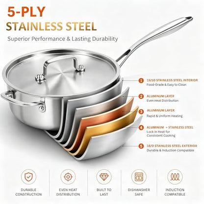 DELARLO 7QT Saute Pan Jumbo Cooker 5 Ply Stainless Steel Pan, 12Inch Deep Frying Pan with Steel cover, Kitchen Large Skillet,Heavy Duty Style Compatible With All Cooktops Up to 650℉