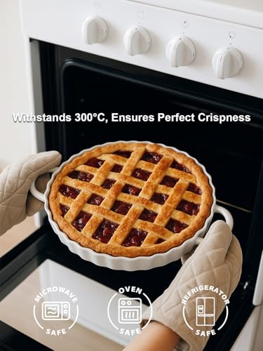 Yamteck 10×2in Deep Ceramic Pie Pan with Handles for Pie Quiche Tart Baking. Easy to grip, Lead-Free. Casserole Lasagna Dish for Thanksgiving Christmas Wedding Gift. Microwave, Dishwasher, Oven Safe