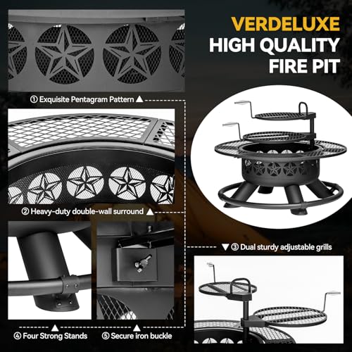 Verdeluxe 47 Inch Outdoor Fire Pit with 2 Grills, Extra Large BBQ Firepits for Outside, Metal Round Fire pits with Lid&Fire Poker,3 in 1 Wood Burning Outdoor Fireplaces for Backyard,Patio,Bonfire