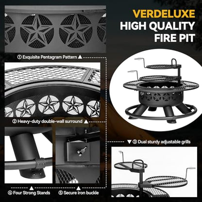 Verdeluxe 47 Inch Outdoor Fire Pit with 2 Grills, Extra Large BBQ Firepits for Outside, Metal Round Fire pits with Lid&Fire Poker,3 in 1 Wood Burning Outdoor Fireplaces for Backyard,Patio,Bonfire