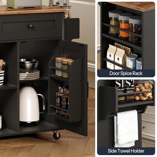 HOOBRO Kitchen Island on Wheels, Kitchen Storage Island with Power Outlet & Drop Leaf, Island Table with Open Shelves, 2 Drawers, for Kitchen, Rustic Brown and Black BF35UZD01