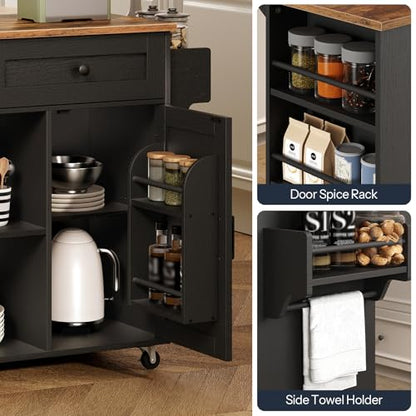 HOOBRO Kitchen Island on Wheels, Kitchen Storage Island with Power Outlet & Drop Leaf, Island Table with Open Shelves, 2 Drawers, for Kitchen, Rustic Brown and Black BF35UZD01