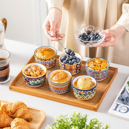 vancasso 6 Oz Ramekins Oven Safe Set of 6, Bohemian Creme Brulee Ramekins, Colorful Souffle Dishes, Pudding Custard Cups for Baking, Small Ceramic Bowls for Dipping Sauce, Ice Cream