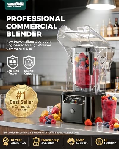 WantJoin Professional Commercial Blender With Shield Quiet Sound Enclosure 2200W Industries Strong and Quiet Professional-Grade Power, Self-Cleaning, Black