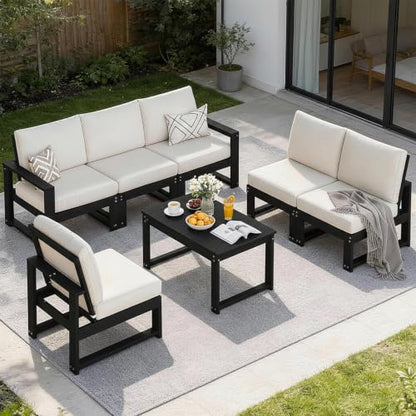 Polyhouz Outdoor Furniture with Cushions, Patio Furniture Set, 7-Piece L Shaped Outdoor Couch Sets 6 Seats, HDPE Patio Sectional Sofas for Porch, Deck, Backyard, Black