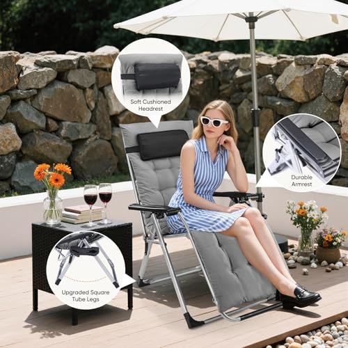 DUMOS Zero Gravity Chair, Reclining Camping Lounge Chair for Outdoor, Reclining Patio Chairs with Cup Holder Trays and Removable Cushion, Folding Recliner for Indoor, Grey