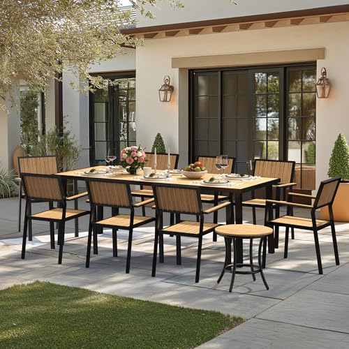 PATIOPIA 10-Piece Patio Dining Set, Outdoor Weather-Resistant Plastic-Wood Table & 8 Stackable Chairs, Outdoor Durable Aluminum Frame Furniture for Garden, Poolside, Backyard