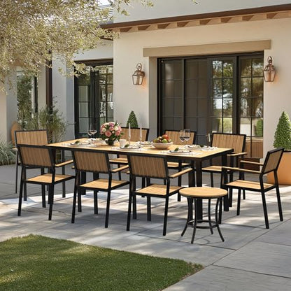 PATIOPIA 10-Piece Patio Dining Set, Outdoor Weather-Resistant Plastic-Wood Table & 8 Stackable Chairs, Outdoor Durable Aluminum Frame Furniture for Garden, Poolside, Backyard