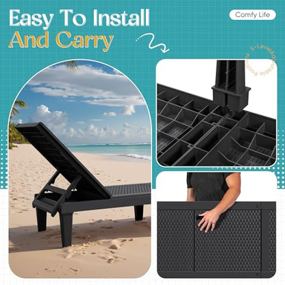 Greesum Outdoor Chaise Lounge Chairs Set of 2 with 5-Position Adjustable Backrest, Waterproof PP Sun Loungers for Garden Pool Beach Patio Deck Sunbathing, Black