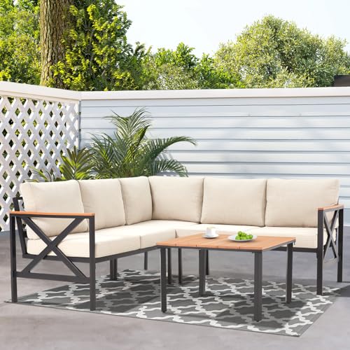 EROMMY 6 Pieces Patio Furniture Sets, Metal Outdoor Sectional Furniture L Shape Patio Conversation Sets with Fauxwood Coffee Table & 6.5" Olefin Cushions for Backyard, Garden, Poolside