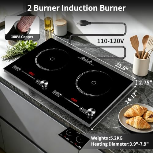 HUIPUSHE 2 burner induction cooktop,110V3600W 24 inch induction hot plate,induction stove top with LED touch and Knob Control, with 9 Power Levels, Kids Lock & 4H,24 Inch double induction cooktop