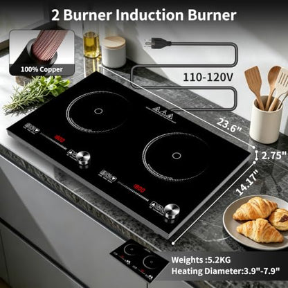HUIPUSHE 2 burner induction cooktop,110V3600W 24 inch induction hot plate,induction stove top with LED touch and Knob Control, with 9 Power Levels, Kids Lock & 4H,24 Inch double induction cooktop