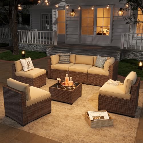 Aoxun Patio Furniture Sets, 7-Piece Outdoor Patio Furniture with Thick Cushions, Wicker Outdoor Conversation Set Sectional Sofa for Backyard, Poolside, Garden(Cream-Browm, 7 x 25.6 - Seats)