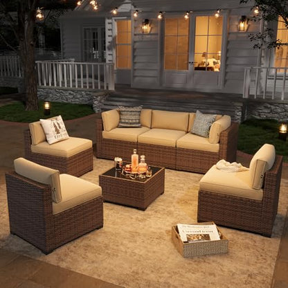 Aoxun Patio Furniture Sets, 7-Piece Outdoor Patio Furniture with Thick Cushions, Wicker Outdoor Conversation Set Sectional Sofa for Backyard, Poolside, Garden(Cream-Browm, 7 x 25.6 - Seats)